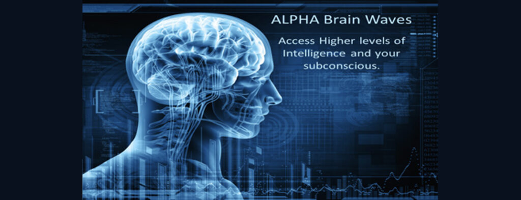 A blue and white image of a human head with the words alpha brain written in front.